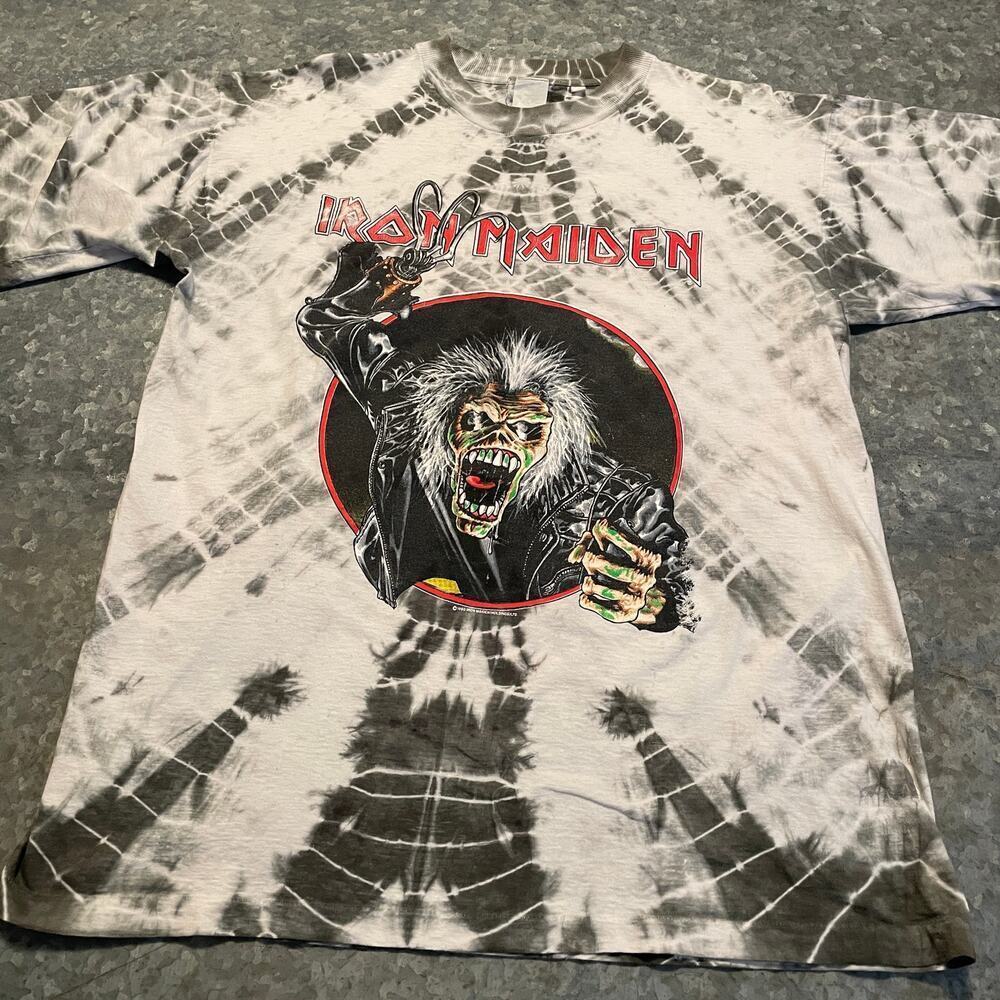 Vintage Iron Maiden Tie Dye Single Stitch T-Shirt Mens XL Black White Band Tee
